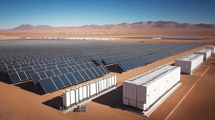 Vast Solar Farm With Energy Storage Units In Desert Landscape