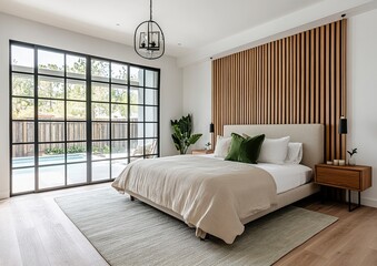 A modern bedroom in a house in los angeles with white walls and wood slats on the wall, large glass door with black frame, generative ai