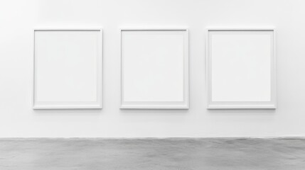 Three empty white poster frames aligned on a clean studio wall, perfect for showcasing artwork or graphic designs as a mockup background.