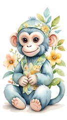 Obraz premium Adorable Watercolor Illustration of a Sewn Floral Patchwork Baby Monkey for Nursery Art.
