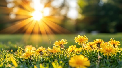 Obraz premium Vibrant summer morning scene showcasing bright yellow dandelion flowers blooming in lush green grass, with warm sunlight streaming through trees in a panoramic view.
