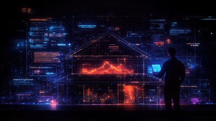 Obraz premium Futuristic Data Visualization of Home Analytics with Male Figure Interacting with Digital Interface Representing Real-Time Information and Analytics Insights