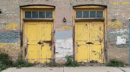 Naklejka premium Weathered yellow doors showcasing peeling paint, rust, and hints of age, framed by a brick wall with faded colors and overgrown grass.
