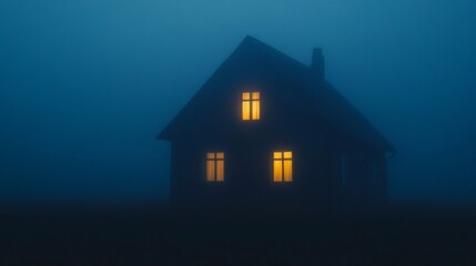 Silhouette of a house in a foggy night, light in the window 