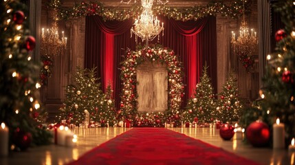 Fototapeta premium Elegant holiday setting with festive decorations, lush evergreen trees, red curtains, twinkling lights, and a grand chandelier creating a magical ambiance.