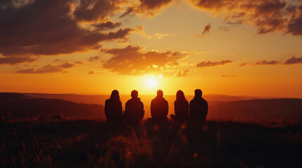 Fototapeta premium Silhouette of friends watching sunset 