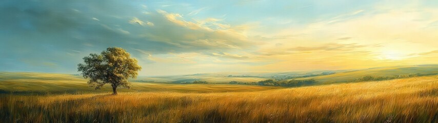 Obraz premium A serene landscape featuring a lone tree amidst golden fields under a vibrant sky at sunset, evoking peace and tranquility.
