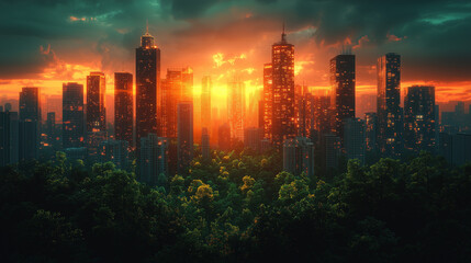Fototapeta premium A modern city with tall buildings and skyscrapers, showcasing advanced urban design, towering structures, and a dynamic skyline in a futuristic metropolis.