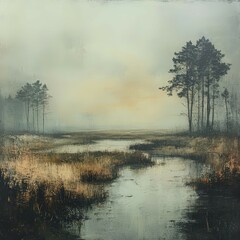 Obraz premium A serene misty landscape featuring a tranquil waterway and silhouettes of trees amidst soft golden grasses.