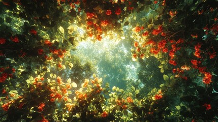 Fototapeta premium A serene underwater view framed by vibrant flowers and illuminated by soft sunlight, creating a tranquil and colorful atmosphere.