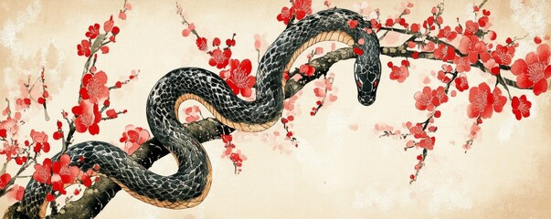 New year celebration of a family of snakes under a plum tree nature scene chinese cultural context artistic perspective festive imagery