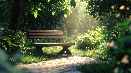 Naklejka premium Tranquil Wooden Bench Nestled Amidst Lush Green Foliage Under Gentle Sunlight in a Peaceful Garden Setting