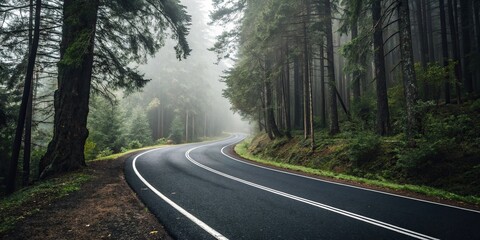 Black asphalt road winding through a forest with white dividing lines, forest road, black asphalt road, rural landscape, winding path