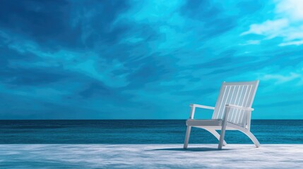 Fototapeta premium Modern white lounge chair on a serene patio overlooking a turquoise ocean under a vivid blue sky, perfect for luxury resort marketing and vacation promotions.