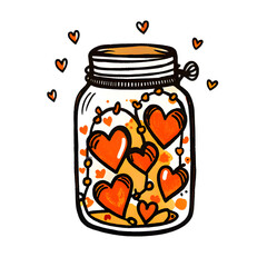 Hand-Drawn Mason Jar with Fairy Lights and Hearts. Perfect for: Valentine's Day, Romantic Home Decor, Whimsical Settings