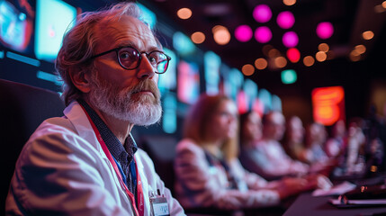 Obraz premium Scientist participating in an international scientific conference, presenting research findings, engaging in discussions, and networking with global experts.