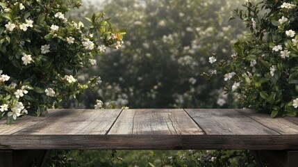 Fototapeta premium Weathered wooden table showcasing an empty display area, framed by lush jasmine trees adorned with delicate white flowers in soft focus.
