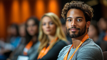 Obraz premium Man attending a conference, sitting in the audience, listening to speakers, participating in discussions, and engaging in academic or professional sessions.