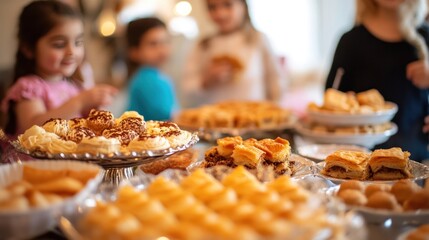 Halal desserts being served at a family gathering, with children enjoying baklava and other sweets, highlighting a traditional Muslim family celebration