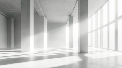 Fototapeta premium Minimalist studio space with a white and grey gradient background, featuring tall windows and soft natural light casting shadows on the concrete floor.