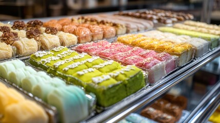 Halal desserts such as baklava, kunafa, and traditional sweets displayed in a high-end bakery, showing vibrant colors and intricate details of the pastries