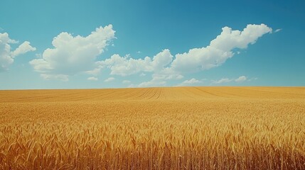 Naklejka premium Expansive golden wheat field under a bright blue sky, showcasing fluffy white clouds and a serene agricultural landscape from a low perspective.
