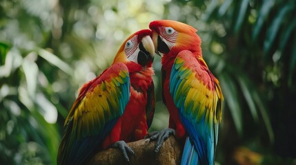 Obraz premium Two Colorful Parrots in a Lush Jungle