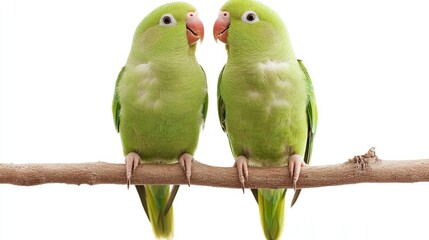 Two vibrant green parakeets closely perched on a slender branch, showcasing their bright plumage against a clean white background.