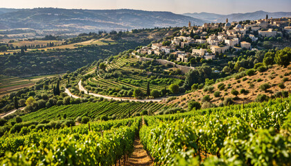 Fototapeta premium Paysage de Vignes et Village Méditerranéen