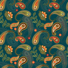 Naklejka premium Vector paisley seamless pattern on green background. Traditional and oriental folk design for wallpaper, textile, blanket, clothing vector design stock illustration.