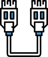 FireWire Cable Icon in Line Art, Black and white line art illustration of a FireWire cable with connectors on both ends, symbolizing high-speed data transfer and connectivity.
