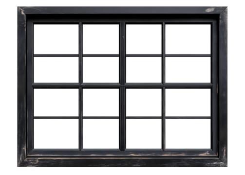 Large, rectangular, black window. Window with black frame. Isolated on a transparent background.