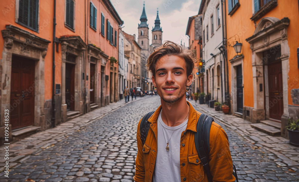 Poster Man wearing a yellow jacket and a backpack is smiling. He is standing in front of a building