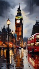 Rainy London Night Big Ben, Red Bus, Cityscape, Reflections. Generative AI