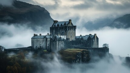 Naklejka premium Misty Scottish Castle: Majestic Stone Fortress in the Clouds