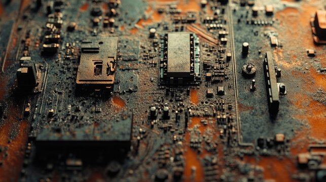 Intricate details of an old, dusty PC motherboard enhanced with a vintage color effect, showcasing rust and grime on its surface.