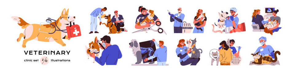 Veterinary clinic set. Owners with their cute dogs, cats are on vet examination, treatment of doctor. Veterinarians care about pet health. Flat isolated vector illustration on white background