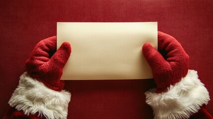 Santa Claus's hands in red gloves hold a blank greeting sheet against a festive red background, inviting personalization for holiday messages.