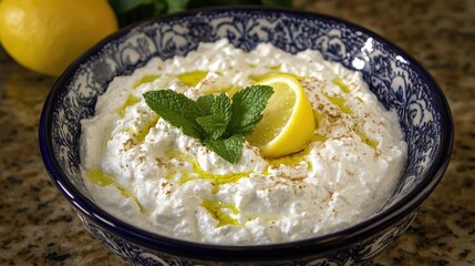Creamy tzatziki dip made from yogurt, topped with a lemon slice, fresh mint leaves, and drizzled olive oil in an ornate bowl, viewed from above