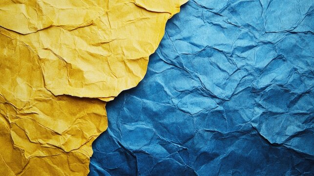 Textured paper background with a striking contrast of yellow and blue colors, featuring crumpled surfaces and two distinct vertical sections.