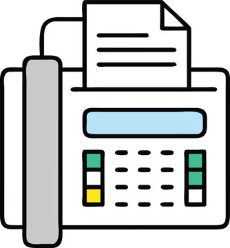 recommend clip art: Fax Machine Line Art Icon, Black and white line art illustration of a fax machine with buttons and paper, representing office equipment and communication technology.
                    
