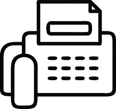 recommend clip art: Fax Machine Line Art Icon, Black and white line art illustration of a fax machine with buttons and paper, representing office equipment and communication technology.
                    