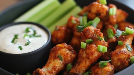 Fototapeta premium Savory spicy chicken wings garnished with green onions, served with celery sticks and creamy ranch dressing, perfect for game day appetizers.