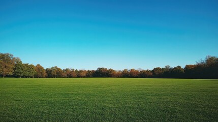 Spacious Green Soccer Field Surrounded by Trees Under a Bright Blue Sky