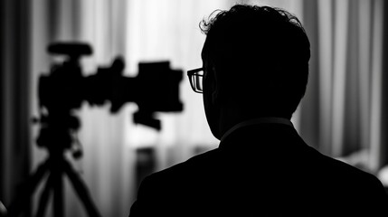 Silhouette of a person in a suit sitting in front of a camera during an interview, captured in soft light with a blurred background.