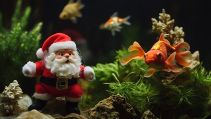 Santa model and Goldfish in aquarium with green plants 