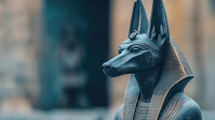 Bronze statue of Anubis, the ancient Egyptian god, on a blurred background.