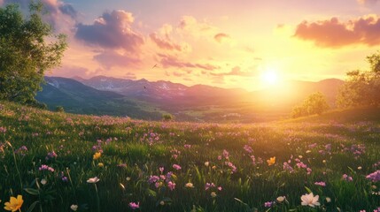 Fototapeta premium Serene Sunset Over Vibrant Flower-Filled Meadows with Majestic Mountains in the Distance and Soft Clouds Glowing in the Warm Evening Light