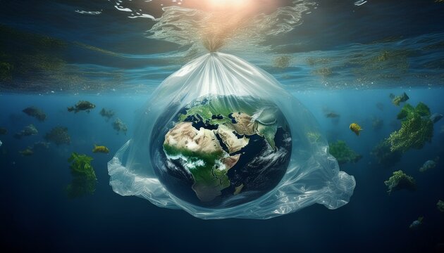 El planeta tierra dentro de una bolsa de pl&aacute;stico trasparente flotando sobre un oc&eacute;ano lleno de basura. Concepto medio ambiente y sostenibilidad