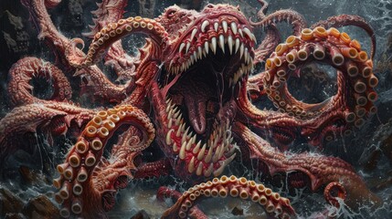 Obraz premium Drawing of a giant, terrifying squid with its mouth open revealing sharp teeth and tentacles in an underwater environment.